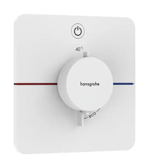 Weißer Thermostat von Hansgrohe mit temperaturgeregeltem Drehregler und Eco-Funktion. Rot und blau markierte Temperaturanzeigen. Power-Schalter oben.